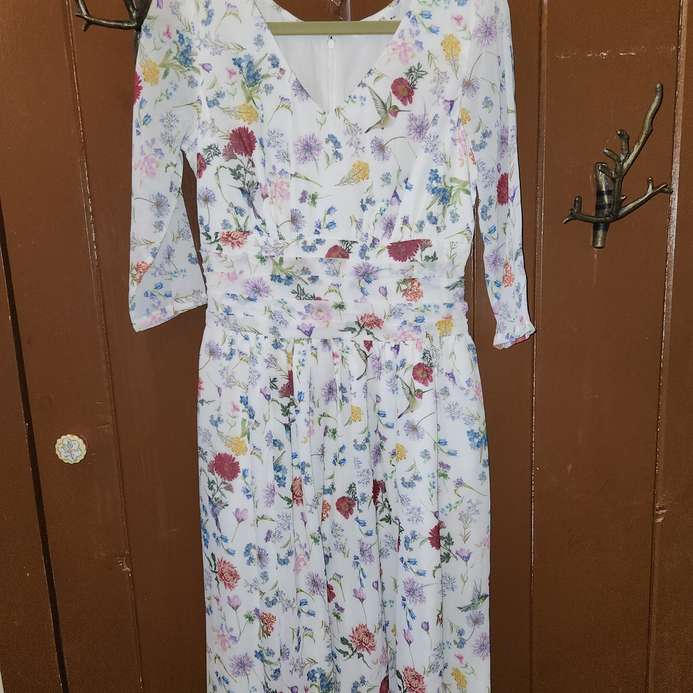 eShakti White Floral Long Sleeve Dress